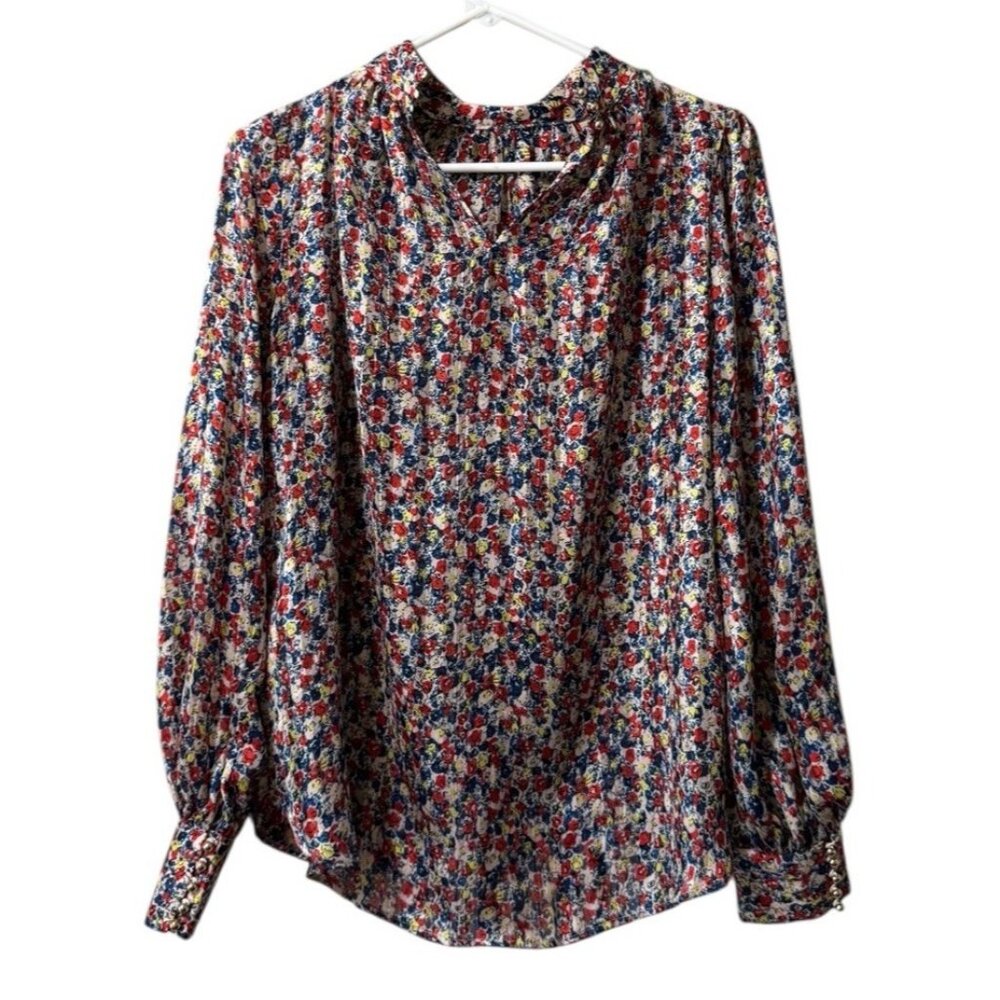 H&M Floral Colorful Blouse Size XS Pleated Gold Buttons Polyester Career Office